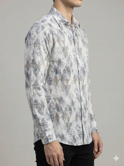 پیراهن مردانه آستین بلند کنفی طرحدار سفید کد 2000