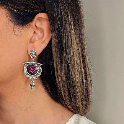 گوشواره ورشو طرح بوهو با نگین دروزی بنفش