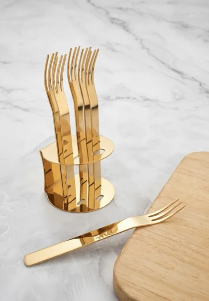 چنگال دسر خوری 6 عددی استند دار طلایی