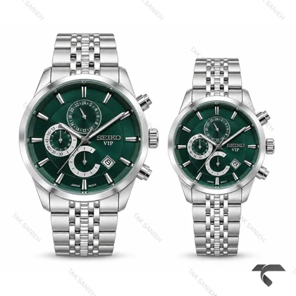 ست ساعت عروس دامادی سیکو سه موتوره استیل صفحه سبز Seiko-11442-S