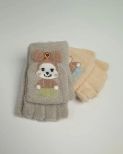 دستکش بچه‌گانه نیم انگشت بافت موهر فانتزی مدل عروسک