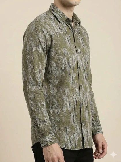 پیراهن مردانه آستین بلند کنفی طرحدار سبز 2002