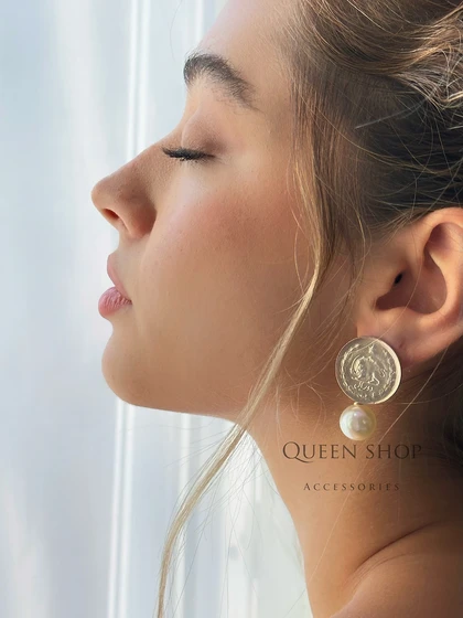 گوشواره سکه دو ریالی تک مروارید