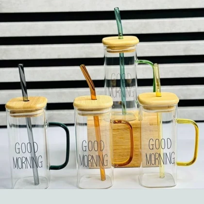 لیوان اسموتی درب چوبی دسته طلایی good morning