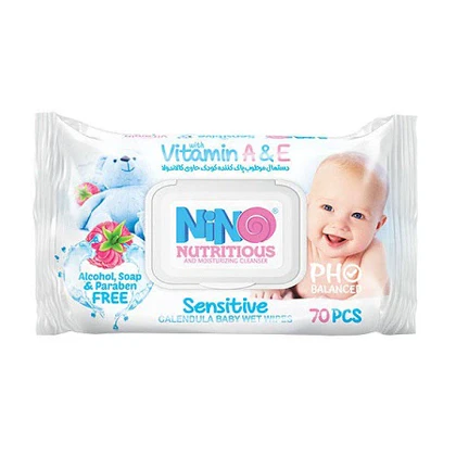 دستمال مرطوب کودک نینو حاوی کالاندولا مدل میوه‌ای درب‌دار مناسب پوست حساس بسته 70 برگی