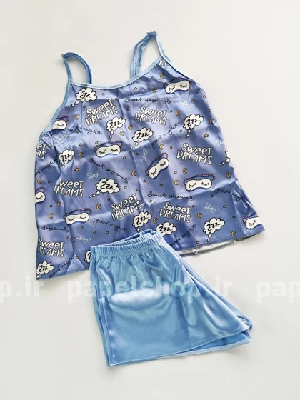 ست لباس خواب تاپ و شورتک ساتن طرح نوشته و ابر