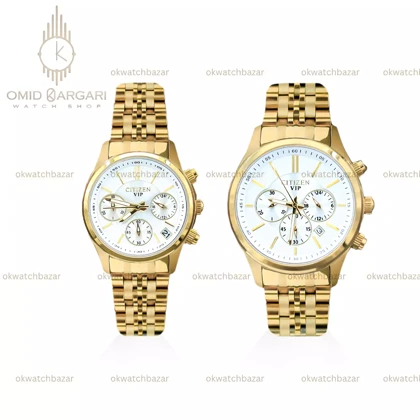 ساعت مچی سیتیزن کورنوگراف بند طلایی صفحه سفید Citizen VIP