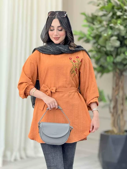 مانتو گلدوزی جلوبسته کمردار