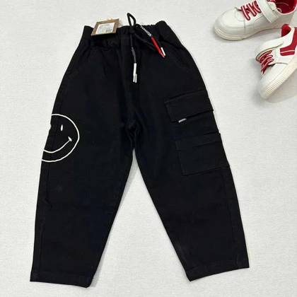 شلوار مام مشکی کتان طرح لبخند اورجینال