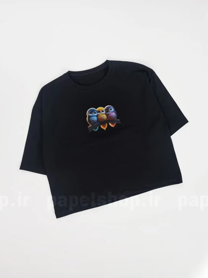 تیشرت کراپ یقه گرد مشکی طرح دار