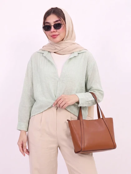 شومیز لینن زارا جلو پیچ با تاپ کبریتی