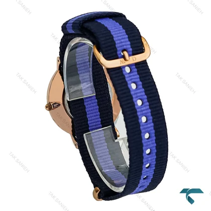 ساعت DW زنانه رزگلد صفحه سفید بند برزنتی بنفش سرمه ای DW-7230-L