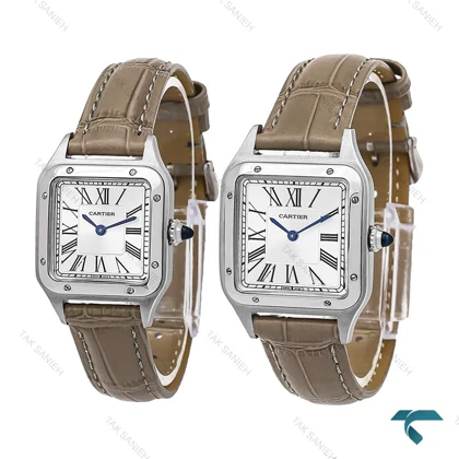 ساعت ست کارتیه سانتوس دومونت بند چرم طوسی Cartier-6704-S