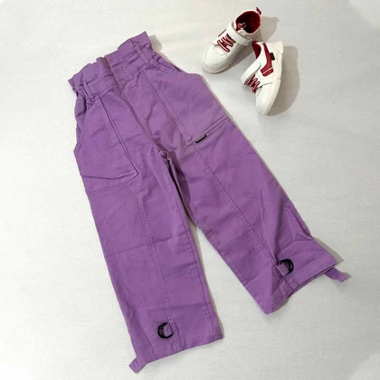 شلوار کتان بگ پایین بنددار دخترانه بنفش و مشکی