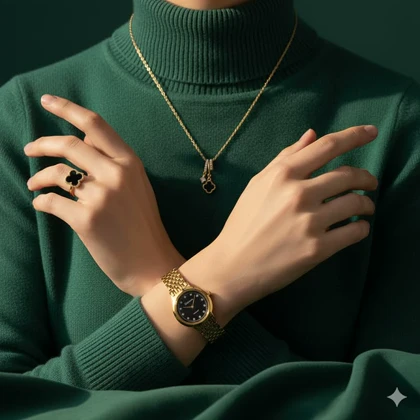 ست زنانه ساعت و گردنبند و انگشتر مدل Van Cleef -طلایی مشکی ویژه