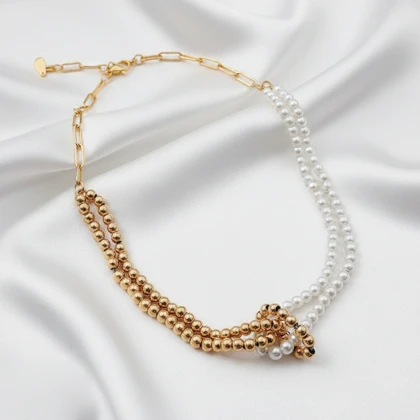 گردنبند ژوپینگ دو ردیفه مروارید و گوی طلایی