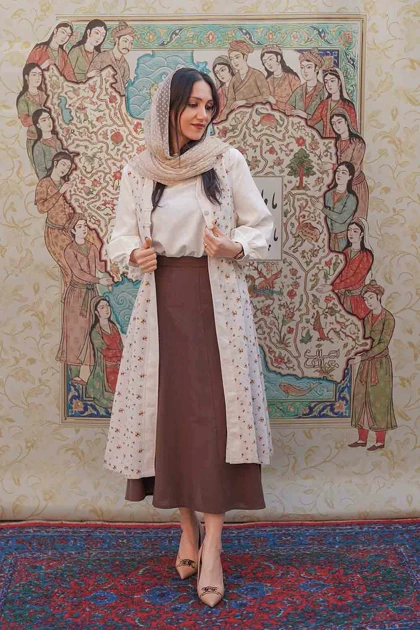 سارافون بلند لینن گل‌دار تهمینه سارافون بدون آستین گل‌دار