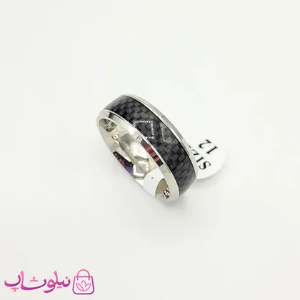 انگشتر رینگ مردانه مشکی نقره ای طرح فیبر کربن