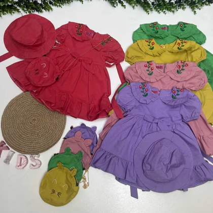 سارافون آستین کوتاه دخترانه کلاه کیف