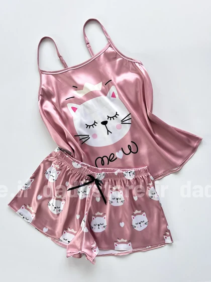 ست لباس خواب تاپ و شورتک ساتن طرح گربه