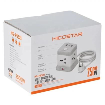چندراهی برق 4 سوکت 2500 وات، دو USB و دو تایپ سی هایکو استار Hicostar HS-PS321 با کابل دومتری