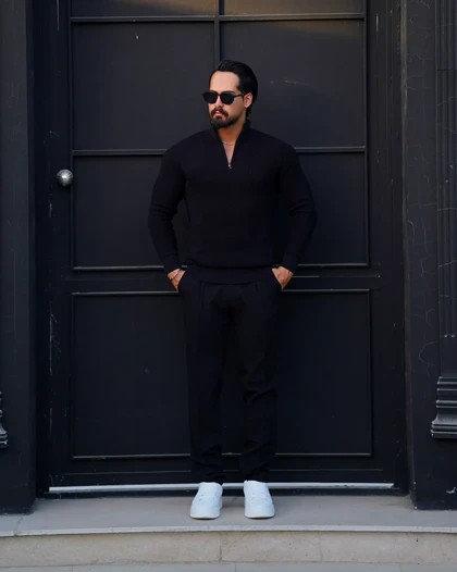 بافت نیم‌زیپ مردانه یقه‌ایستاده Slim Fit