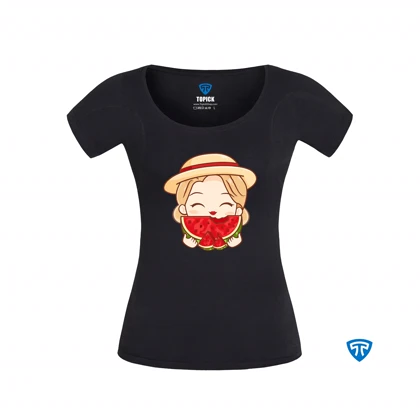 تیشرت ضدتعریق زنانه مشکی طرح دختر بچه کلاه کرمی