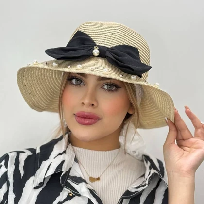 کلاه ساحلی مرواریدی پاپیون مشکی