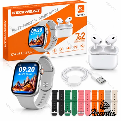 ساعت هوشمند KEQIWEAR مدل KW95 Ultra 3 با ایرفون بی سیم و ضد آب IP67 نقره ای مدل u-10948