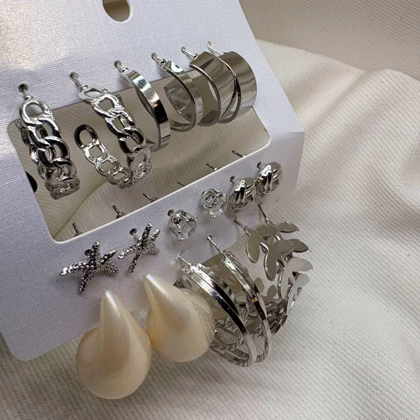 پک 9 عددی گوشواره استیل مدل «ورایتی» (Variety Pack) | شامل حلقه‌ای، مرواریدی و طرح دریایی