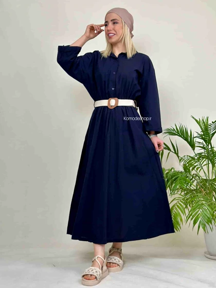 پیراهن لینن بلند زنانه کمربندار