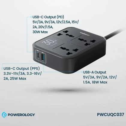 چند راهی و محافظ برق 3250 وات سه سوکت، یک USB و یک تایپ‌سی پاورولوژی PWCUQC037