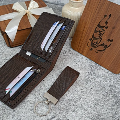 ست هدیه چرم کیف پول چرم جیبی مردانه چرم طبیعی 2لت طرح لیزارد