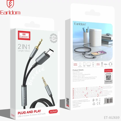 کابل صدا AUX به Type-C/AUX ارلدام Earldom مدل ET-AUX69 طول 1.2 متر