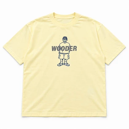 تیشرت مردانه باکسی دو نخ پنبه طرح عروسکی WOODER زرد کره‌ای پرسیسکا