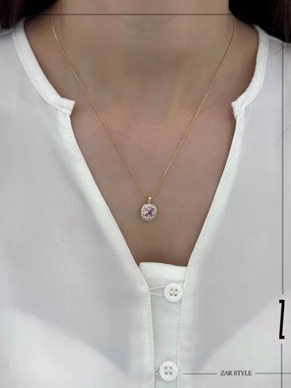 گردنبند نگین صورتی مربعی