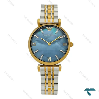 ساعت آرمانی زنانه دورنگ طلایی صفحه آبی صدفی Armani-7616-L