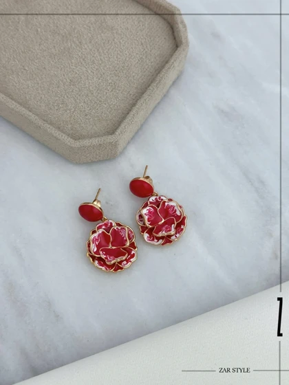 گوشواره آویز گل میناکاری قرمز