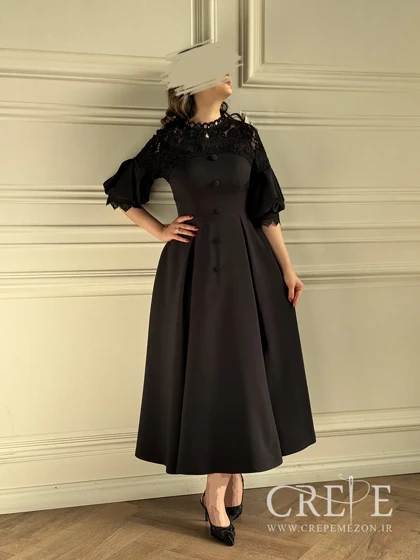 پیراهن میدی بالاتنه گیپور آستین پفی