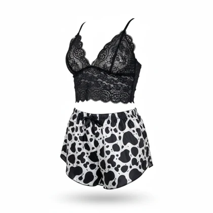 ست نیم‌تنه گیپور و شلوارک طرح پوست گاوی 054