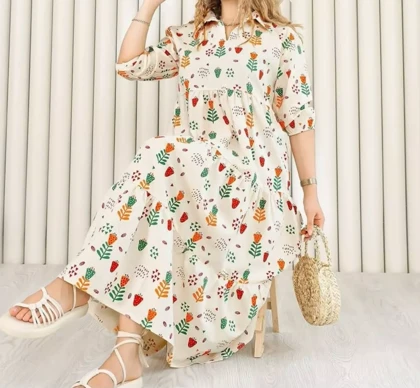 پیراهن زنانه لینن طرح فلامینگو