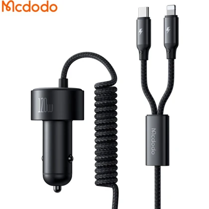 شارژر فندکی فست شارژ ماشین تایپ سی، لایتنینگ و یو اس بی 120 وات مک دودو CC-037