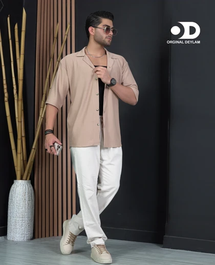 پیراهن یقه انگلیسی باکسی آستین سه ربع رنگ کرم پارچه بیسکوییتی مراکشی