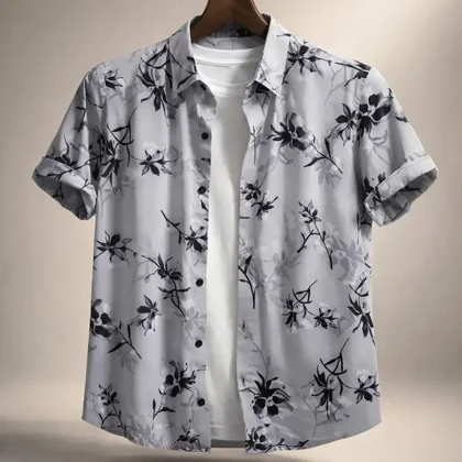 محصول فوق لوکس مستر کوالیتیپیراهن طرح هاوایی طوسی نخی ضد چروک با پارچه فوق استثنایی