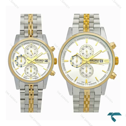 ساعت ست سیکو سه موتوره کورنوگراف دورنگ طلایی Seiko-7837-S