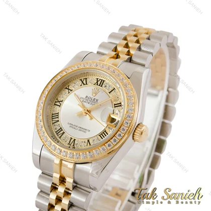 ساعت رولکس زنانه دورنگ طلایی دورنگین صفحه سیلور ایندکس رومی Rolex-5118-M-L