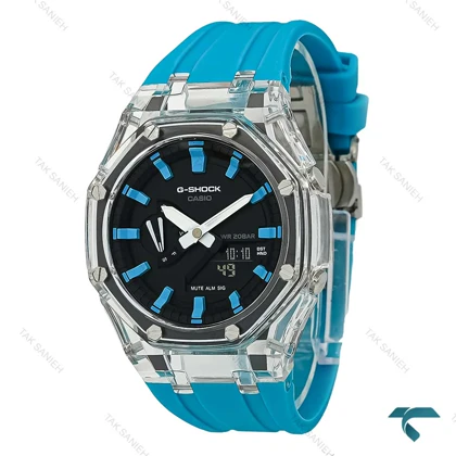 ساعت جیشاک GA2100 مردانه شیشه ای بند آبی آسمانی GShock-7590-G