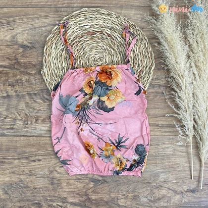 تاپ شلوارک نخی صورتی گل نارنجی