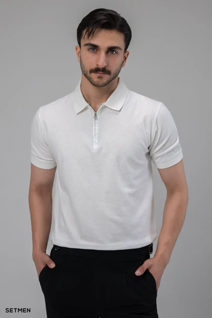 تیشرت یقه دار نیم زیپ ژاکارد اولد مانی