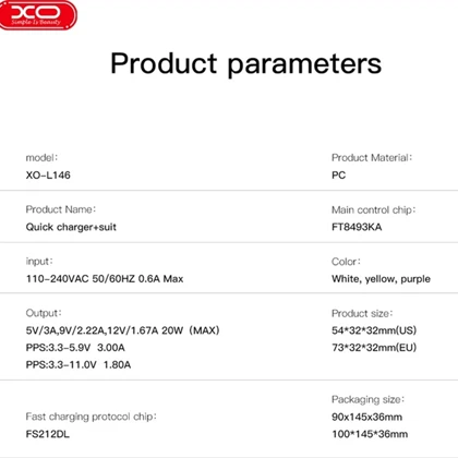 شارژر دیواری 20 وات ایکس او XO مدل L146(EU) تایپ سی
